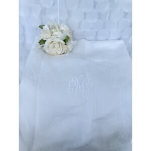 Vintage White 100% Linen DAMASK Tablecloth Floral Rose Embroidered Monogram